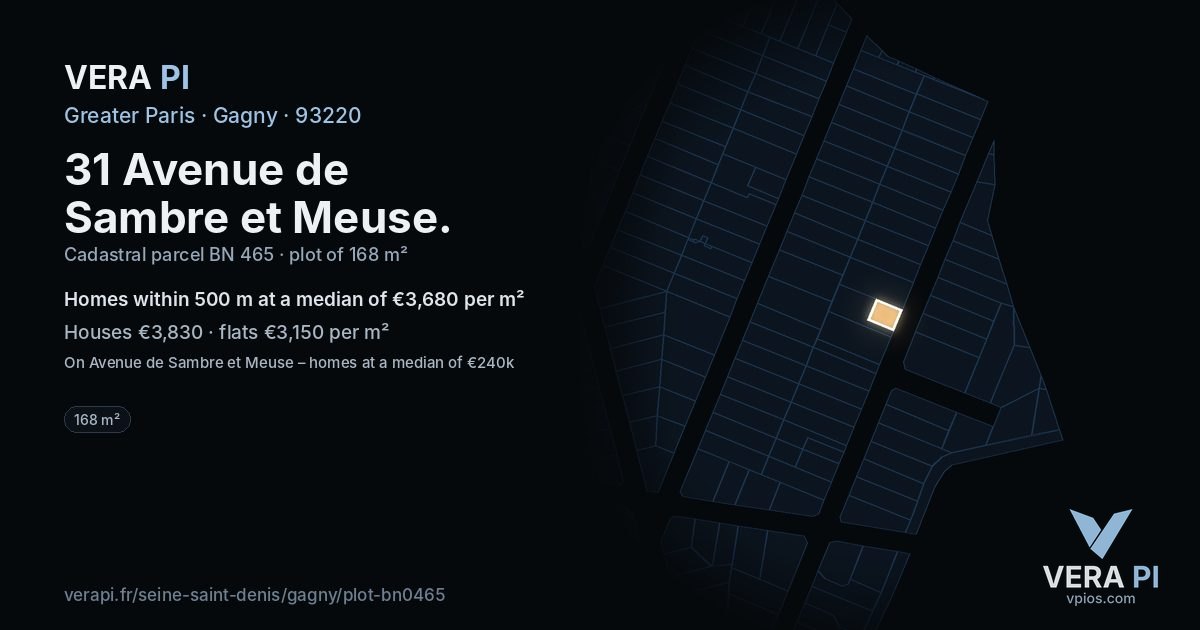 31 Avenue de Sambre et Meuse, Gagny at night – the plot lit, the parcels around coloured by the prices near them