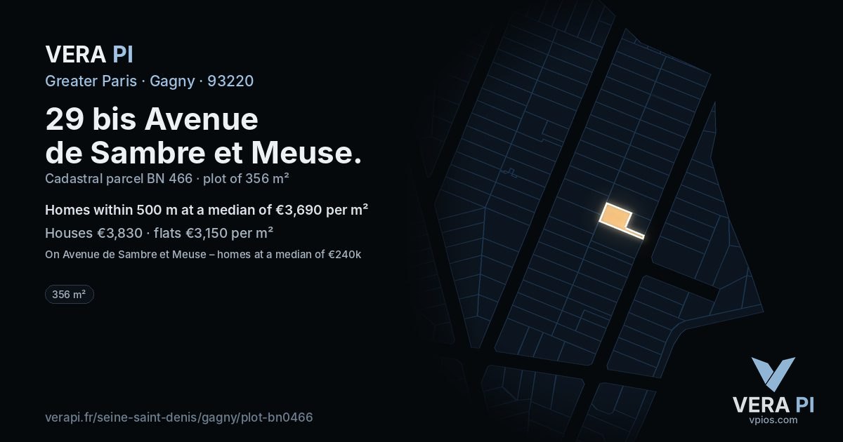 29 bis Avenue de Sambre et Meuse, Gagny at night – the plot lit, the parcels around coloured by the prices near them