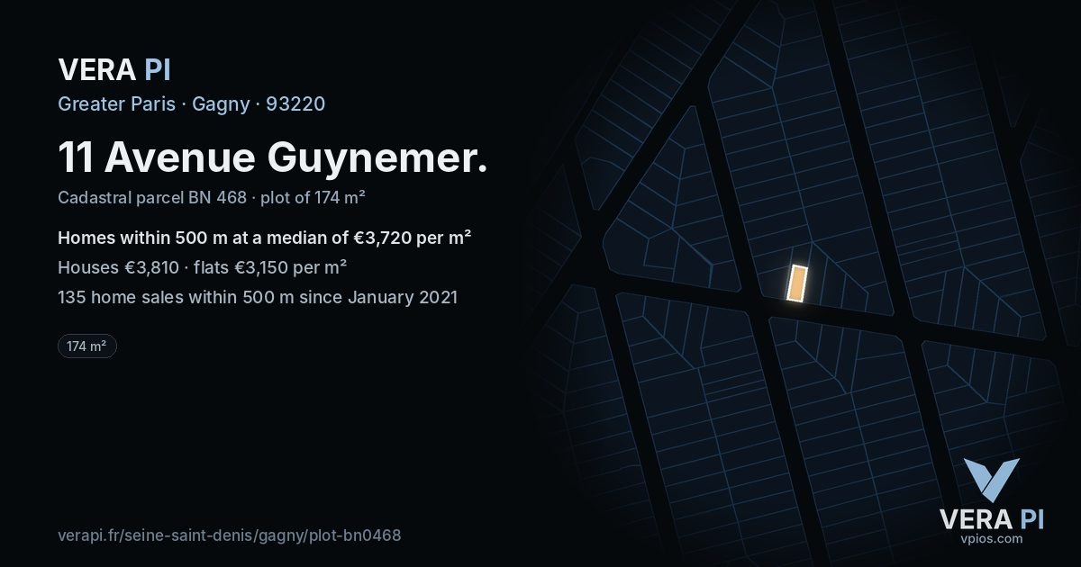 11 Avenue Guynemer, Gagny at night – the plot lit, the parcels around coloured by the prices near them
