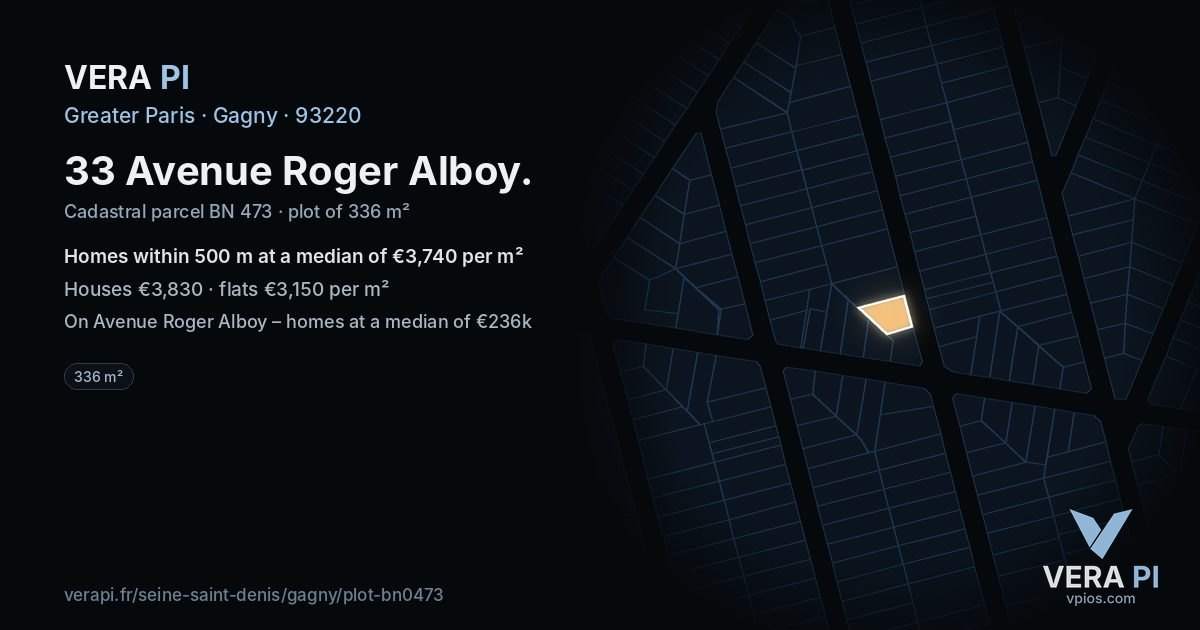 33 Avenue Roger Alboy, Gagny at night – the plot lit, the parcels around coloured by the prices near them
