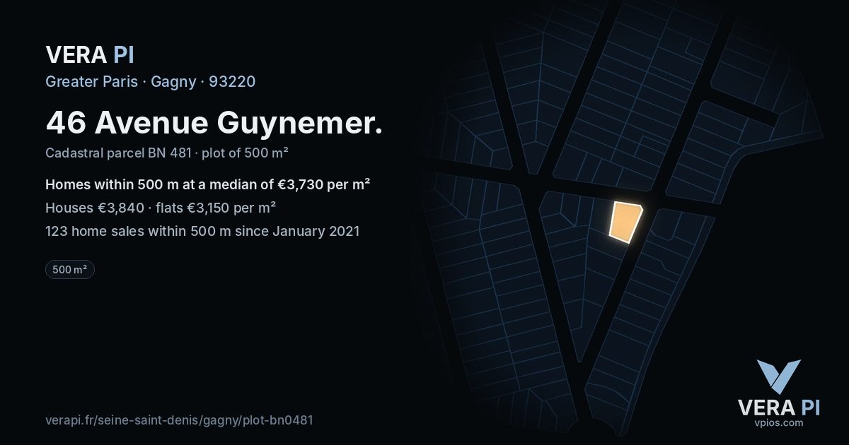 46 Avenue Guynemer, Gagny at night – the plot lit, the parcels around coloured by the prices near them