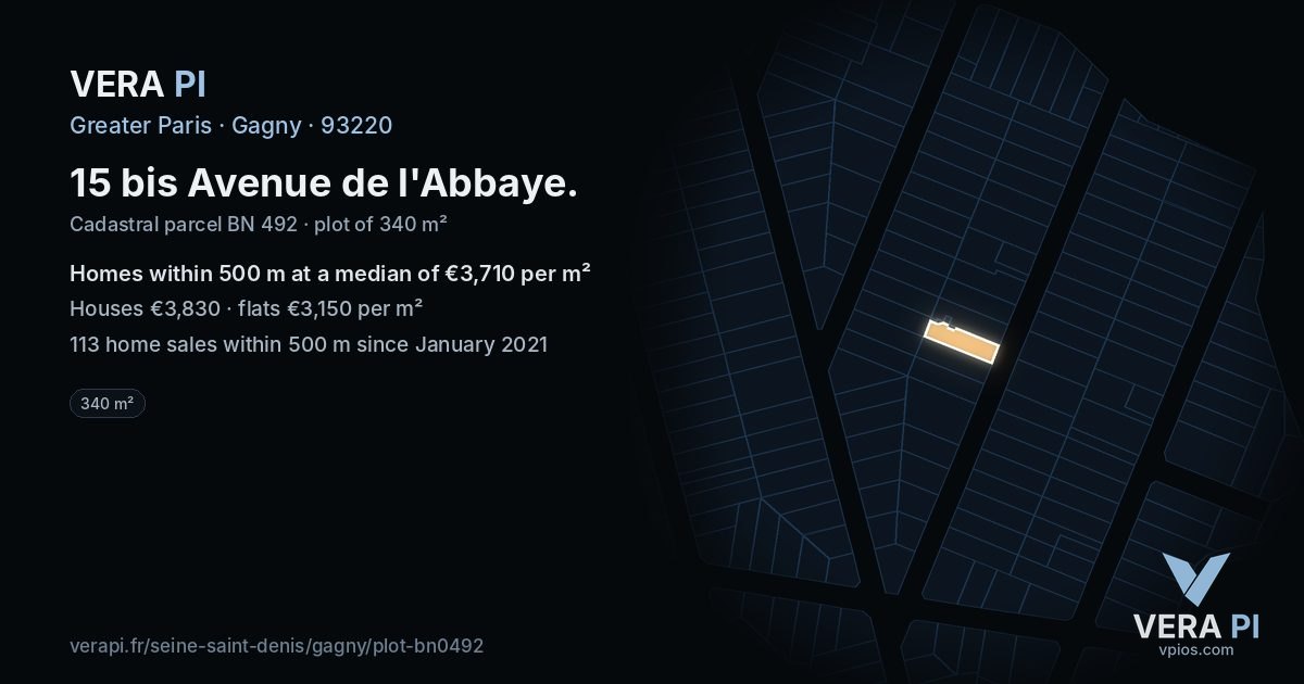 15 bis Avenue de l'Abbaye, Gagny at night – the plot lit, the parcels around coloured by the prices near them