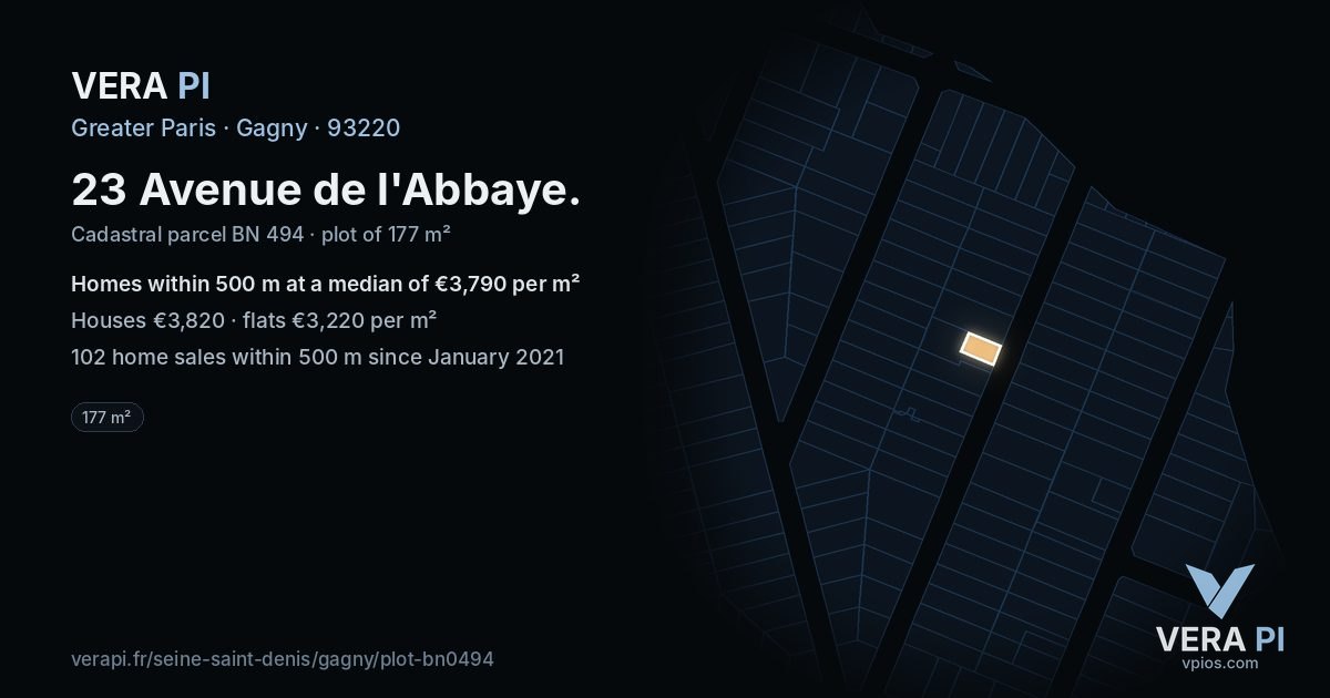 23 Avenue de l'Abbaye, Gagny at night – the plot lit, the parcels around coloured by the prices near them