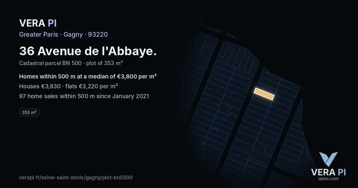 36 Avenue de l'Abbaye, Gagny at night – the plot lit, the parcels around coloured by the prices near them