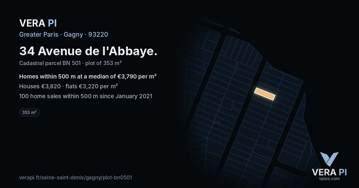 34 Avenue de l'Abbaye, Gagny at night – the plot lit, the parcels around coloured by the prices near them