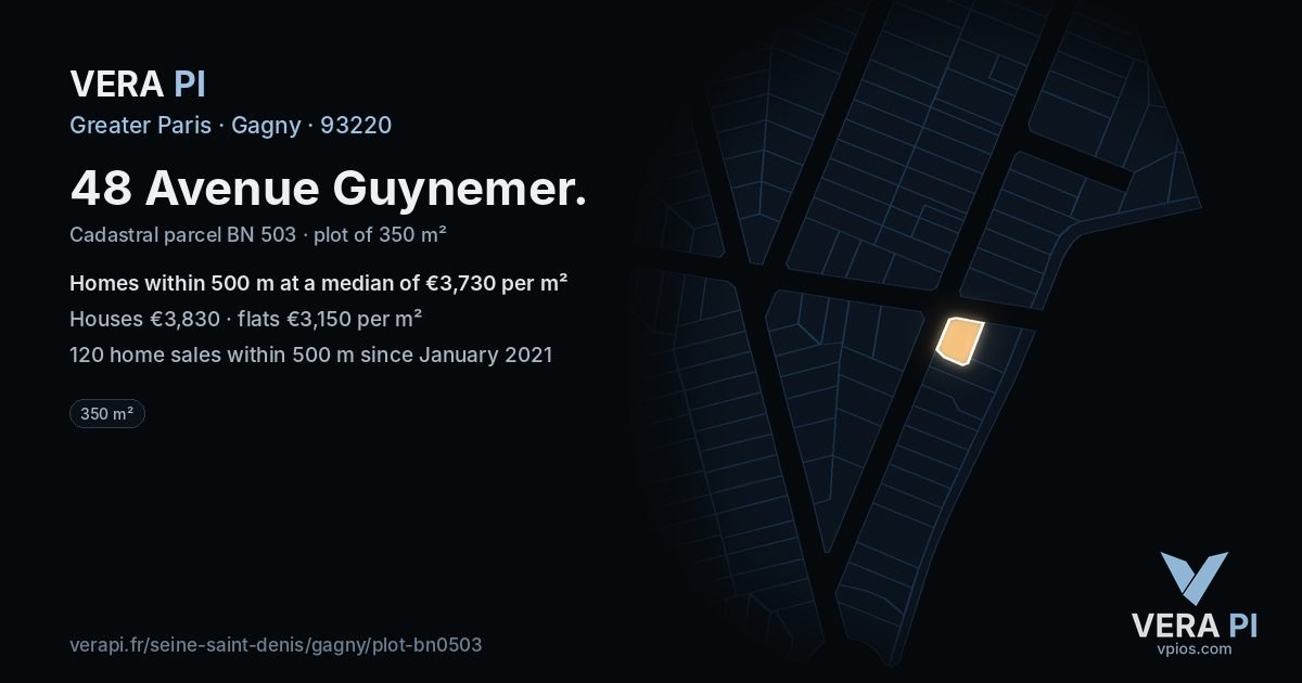 48 Avenue Guynemer, Gagny at night – the plot lit, the parcels around coloured by the prices near them