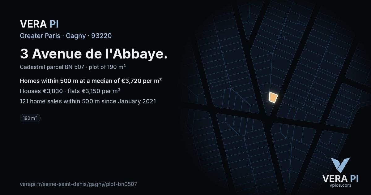 3 Avenue de l'Abbaye, Gagny at night – the plot lit, the parcels around coloured by the prices near them