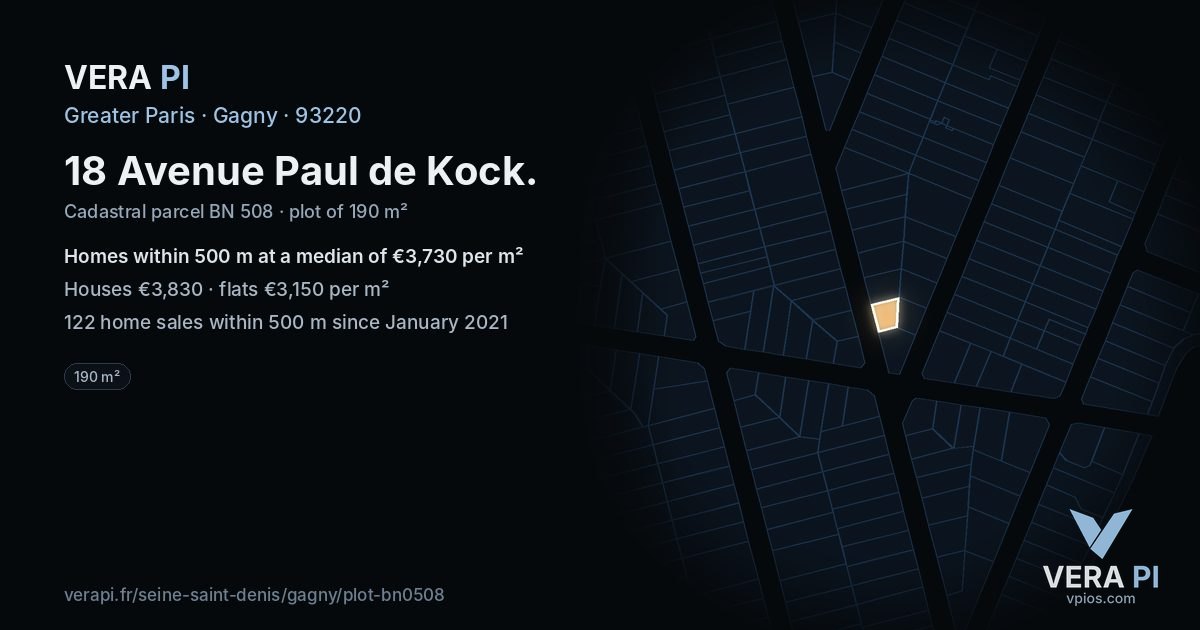 18 Avenue Paul de Kock, Gagny at night – the plot lit, the parcels around coloured by the prices near them