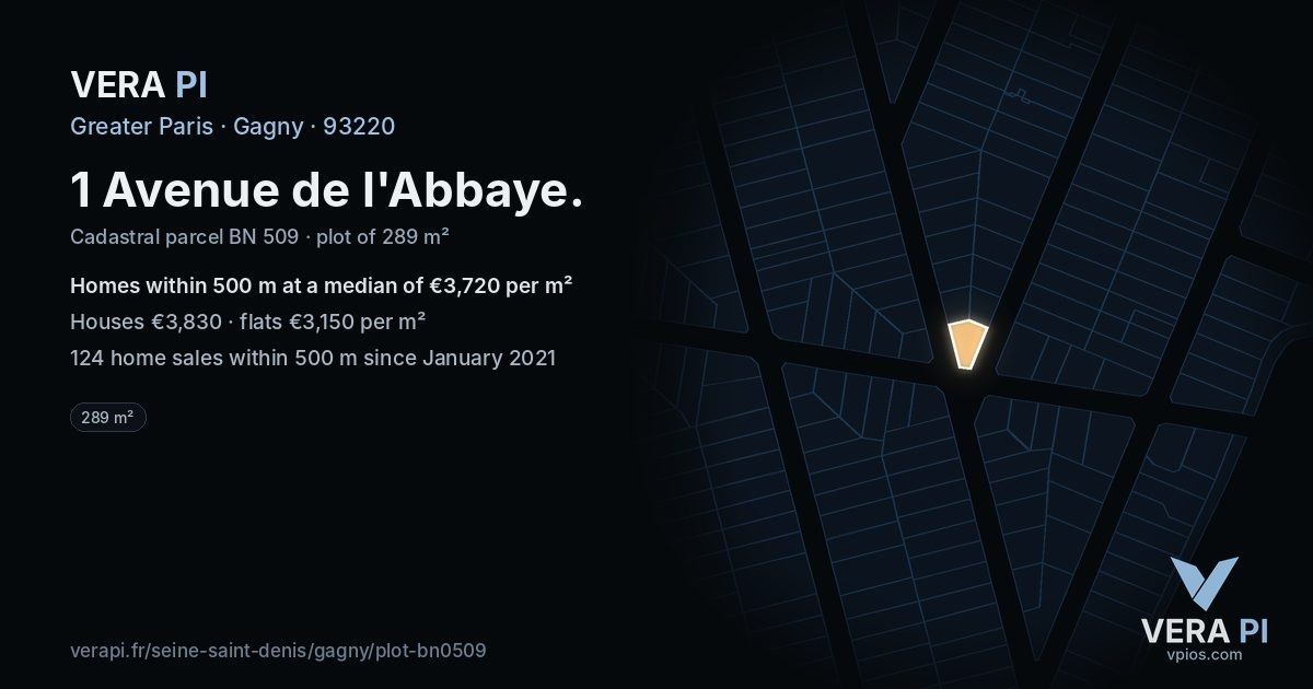 1 Avenue de l'Abbaye, Gagny at night – the plot lit, the parcels around coloured by the prices near them