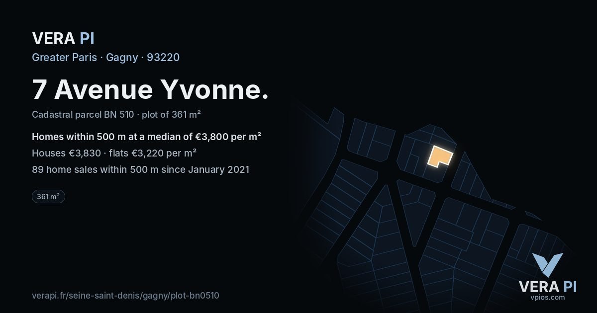 7 Avenue Yvonne, Gagny at night – the plot lit, the parcels around coloured by the prices near them