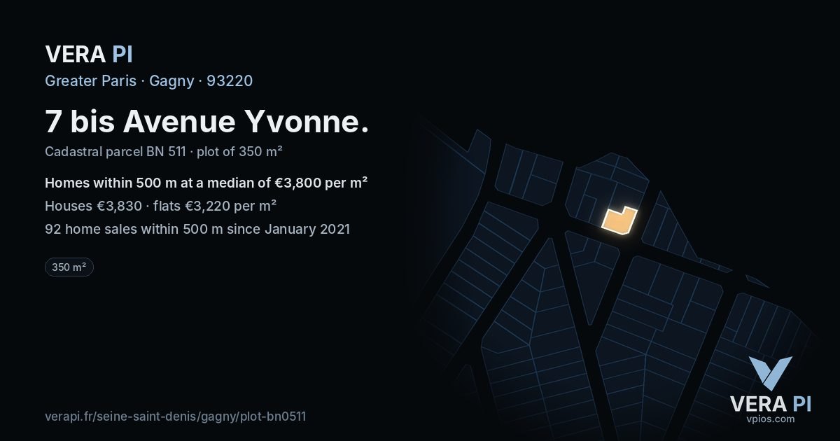 7 bis Avenue Yvonne, Gagny at night – the plot lit, the parcels around coloured by the prices near them