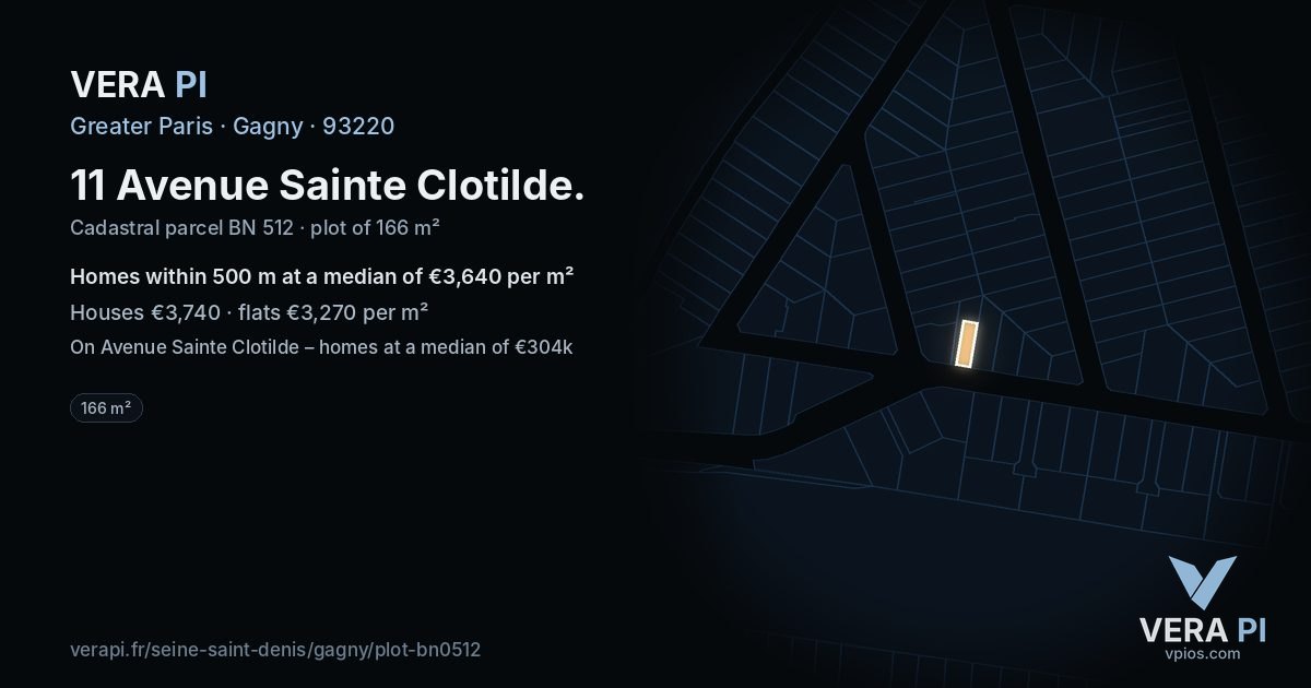 11 Avenue Sainte Clotilde, Gagny at night – the plot lit, the parcels around coloured by the prices near them
