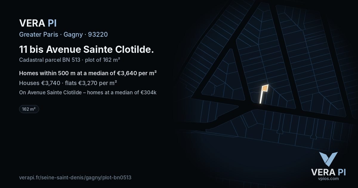 11 bis Avenue Sainte Clotilde, Gagny at night – the plot lit, the parcels around coloured by the prices near them