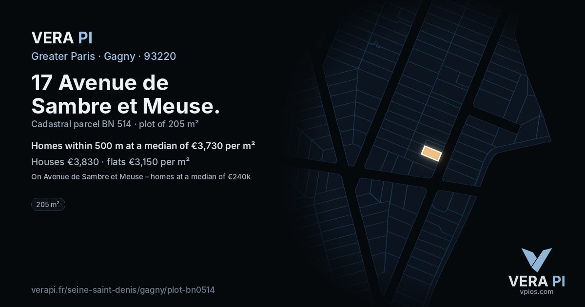 17 Avenue de Sambre et Meuse, Gagny at night – the plot lit, the parcels around coloured by the prices near them
