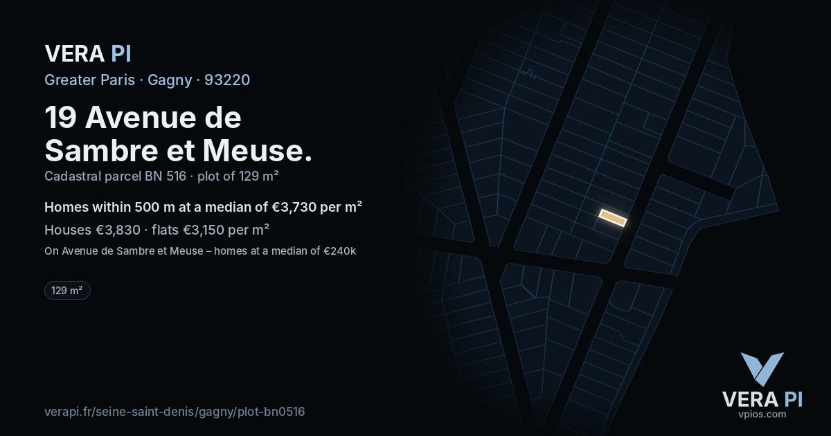 19 Avenue de Sambre et Meuse, Gagny at night – the plot lit, the parcels around coloured by the prices near them