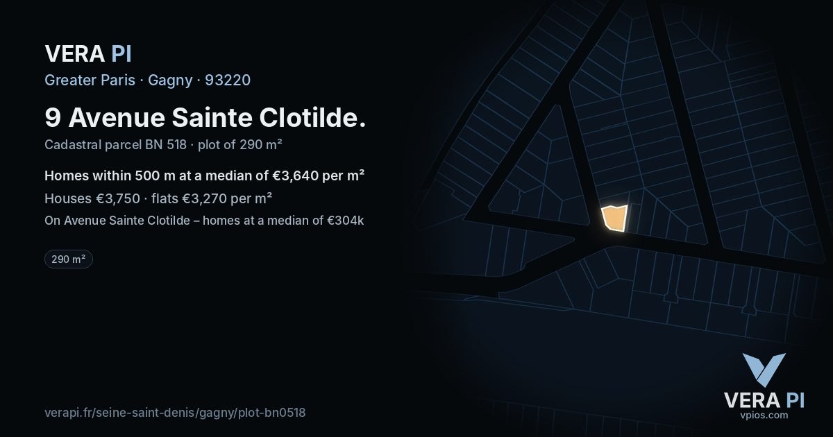 9 Avenue Sainte Clotilde, Gagny at night – the plot lit, the parcels around coloured by the prices near them