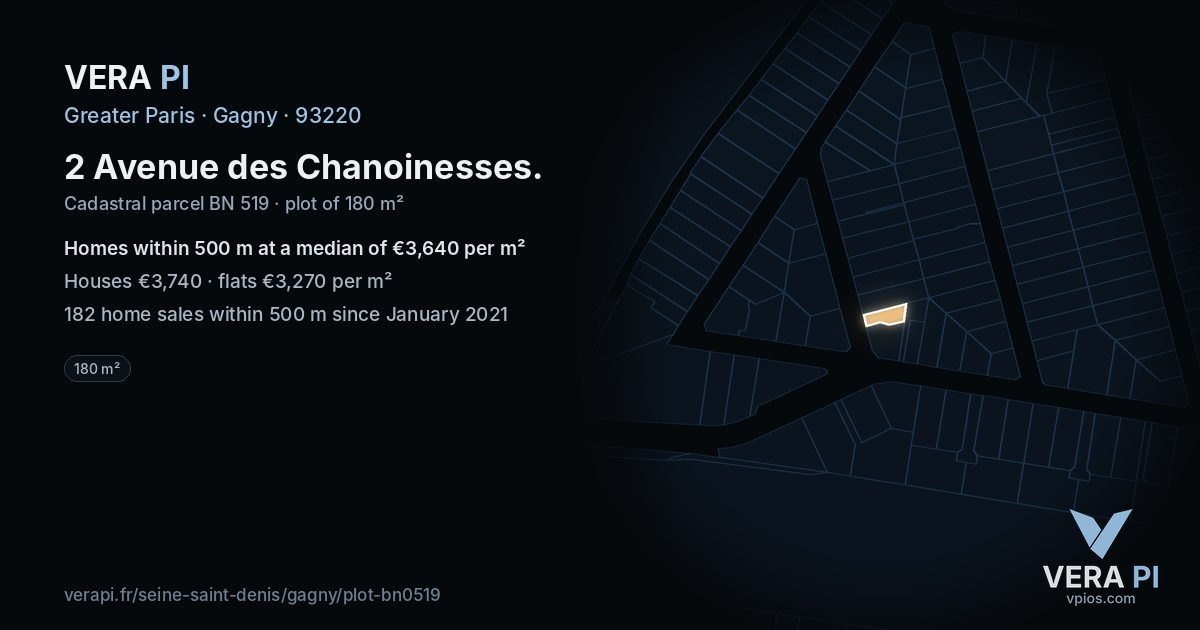 2 Avenue des Chanoinesses, Gagny at night – the plot lit, the parcels around coloured by the prices near them