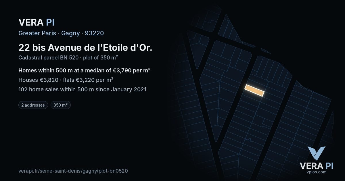 22 bis Avenue de l'Etoile d'Or, Gagny at night – the plot lit, the parcels around coloured by the prices near them