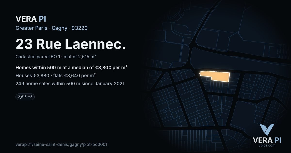 23 Rue Laennec, Gagny at night – the plot lit, the parcels around coloured by the prices near them