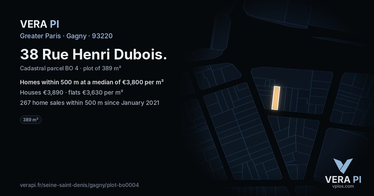 38 Rue Henri Dubois, Gagny at night – the plot lit, the parcels around coloured by the prices near them