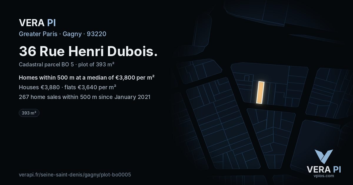 36 Rue Henri Dubois, Gagny at night – the plot lit, the parcels around coloured by the prices near them