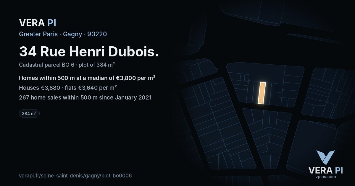 34 Rue Henri Dubois, Gagny at night – the plot lit, the parcels around coloured by the prices near them