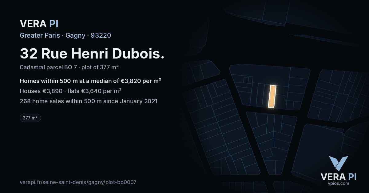32 Rue Henri Dubois, Gagny at night – the plot lit, the parcels around coloured by the prices near them