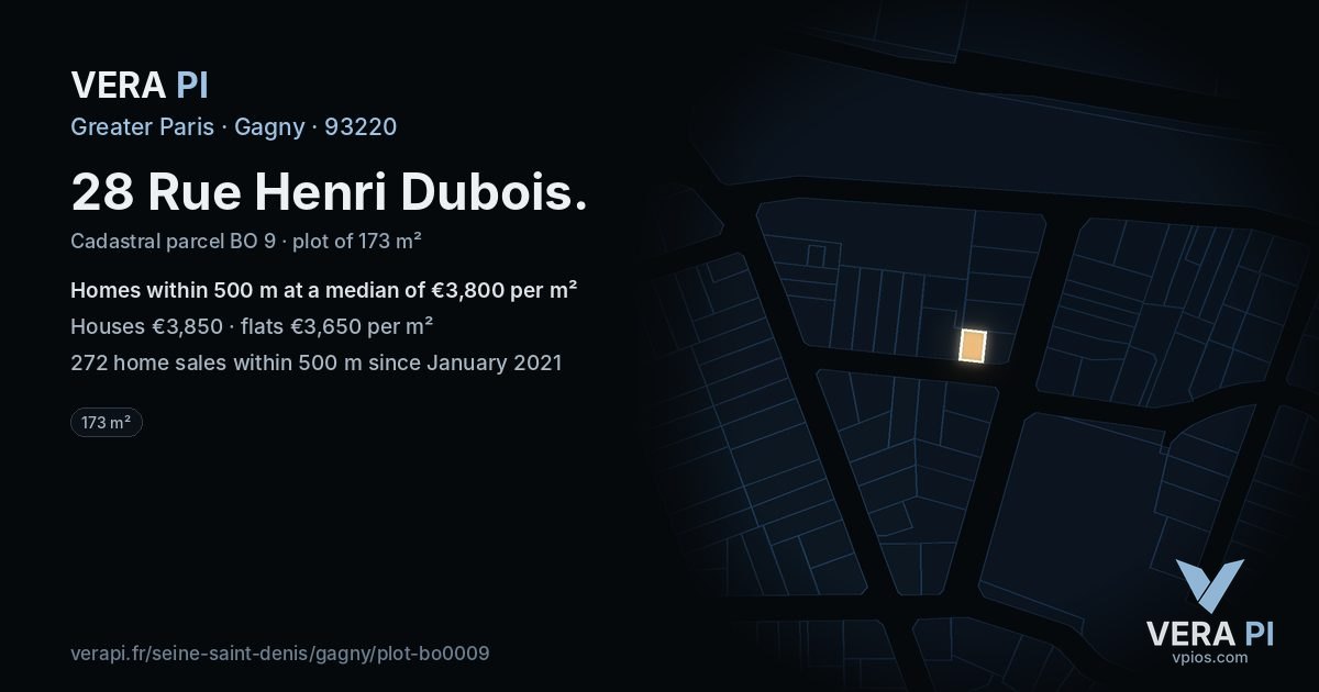 28 Rue Henri Dubois, Gagny at night – the plot lit, the parcels around coloured by the prices near them