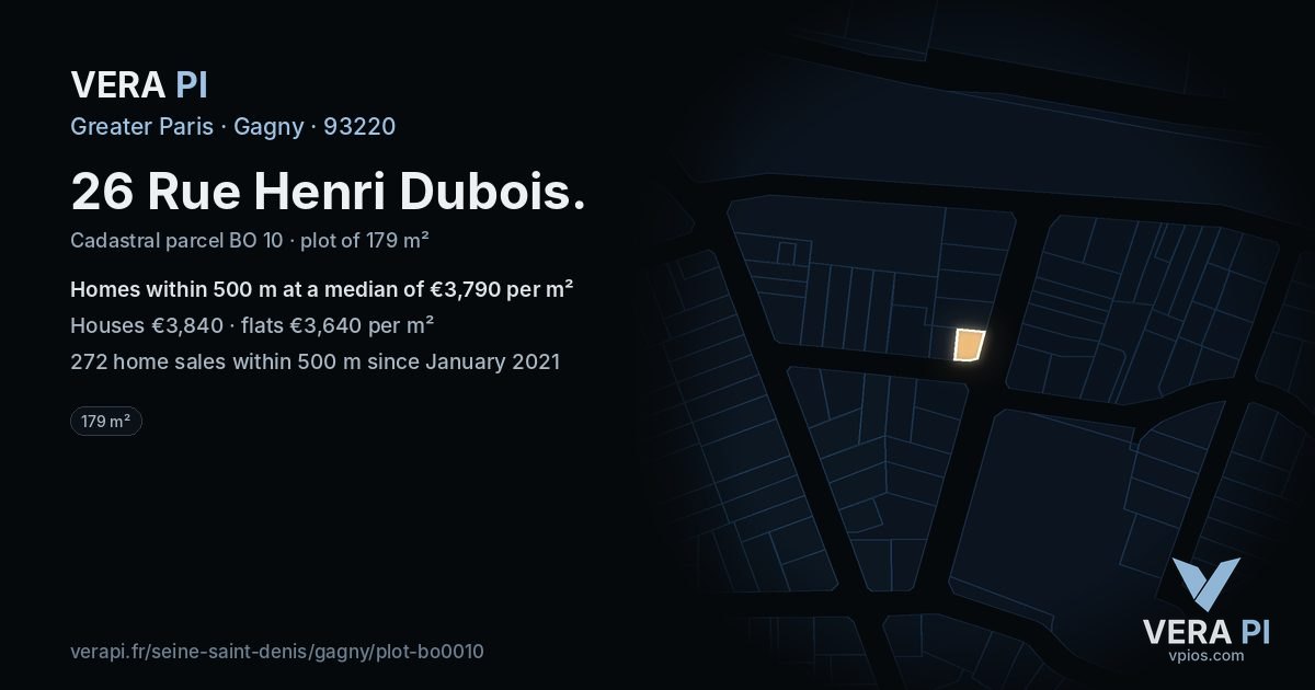 26 Rue Henri Dubois, Gagny at night – the plot lit, the parcels around coloured by the prices near them