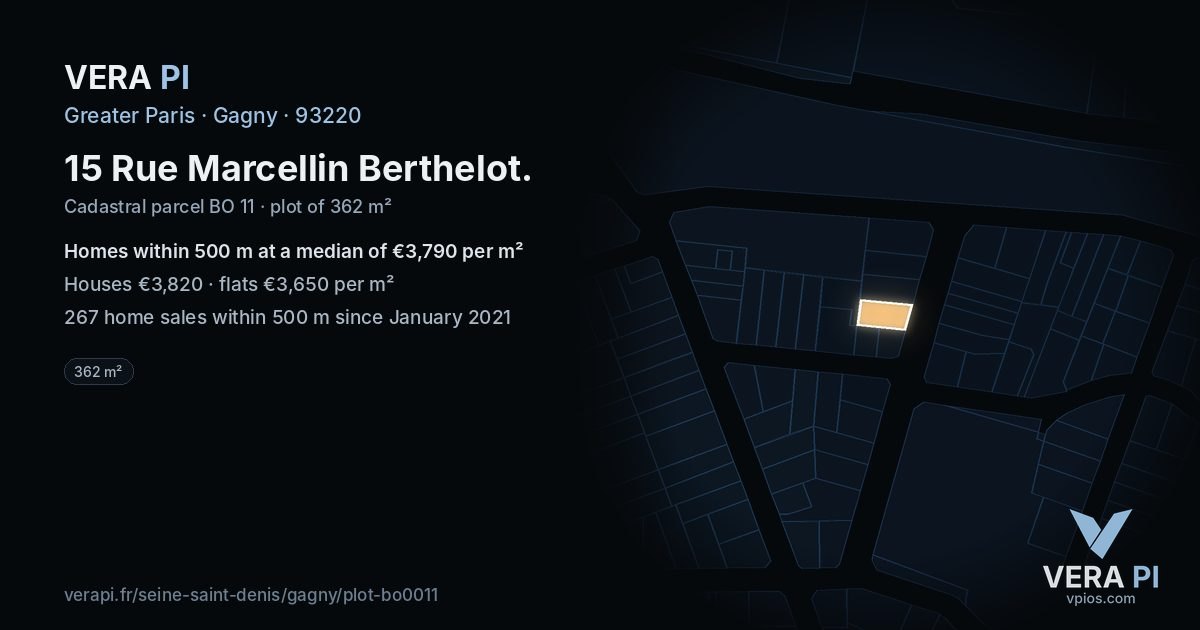 15 Rue Marcellin Berthelot, Gagny at night – the plot lit, the parcels around coloured by the prices near them