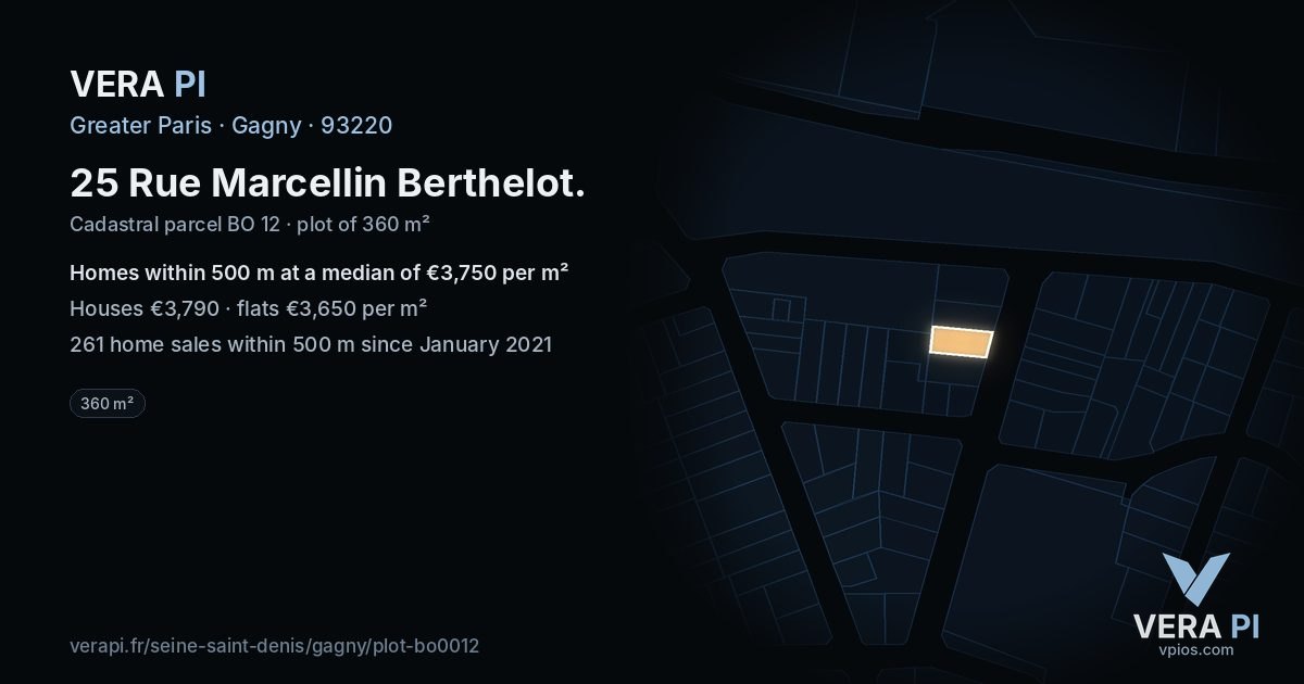 25 Rue Marcellin Berthelot, Gagny at night – the plot lit, the parcels around coloured by the prices near them