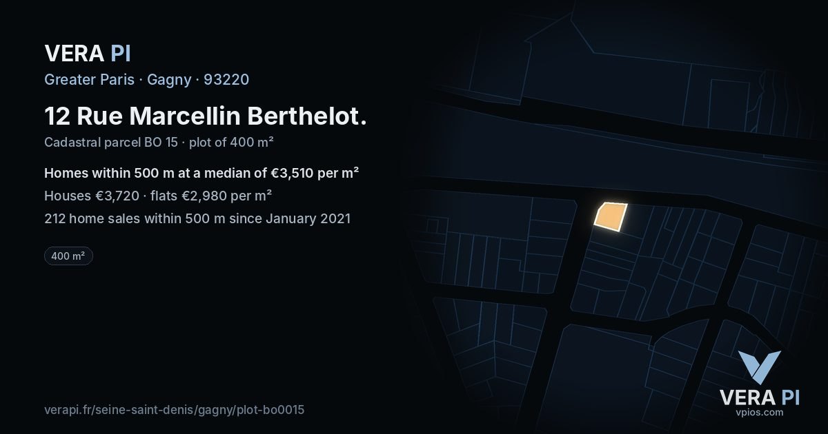 12 Rue Marcellin Berthelot, Gagny at night – the plot lit, the parcels around coloured by the prices near them