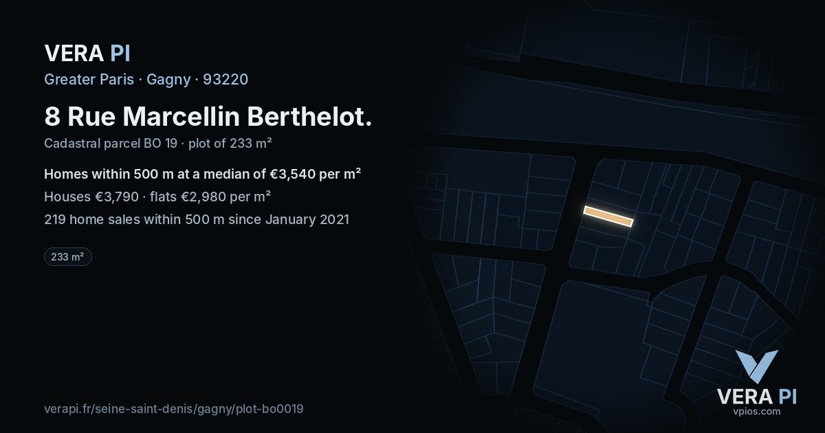 8 Rue Marcellin Berthelot, Gagny at night – the plot lit, the parcels around coloured by the prices near them
