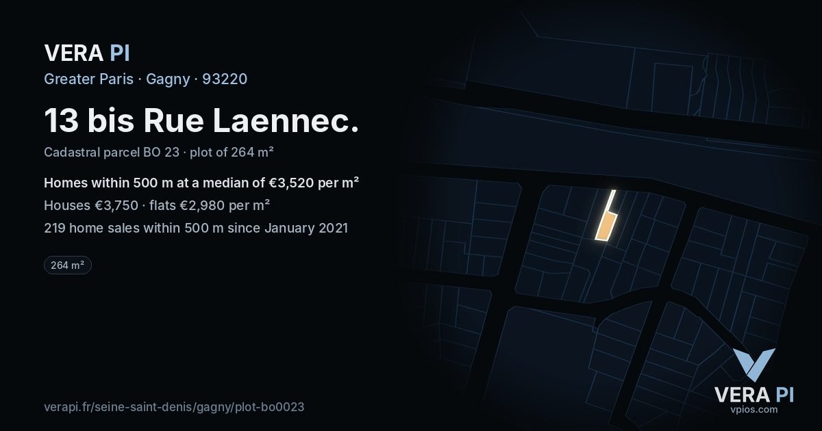 13 bis Rue Laennec, Gagny at night – the plot lit, the parcels around coloured by the prices near them