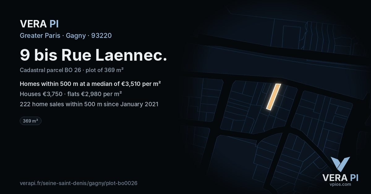 9 bis Rue Laennec, Gagny at night – the plot lit, the parcels around coloured by the prices near them