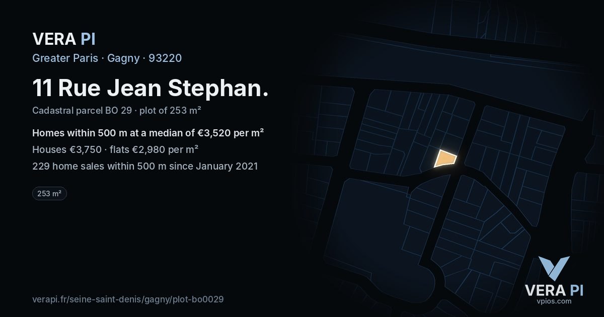 11 Rue Jean Stephan, Gagny at night – the plot lit, the parcels around coloured by the prices near them
