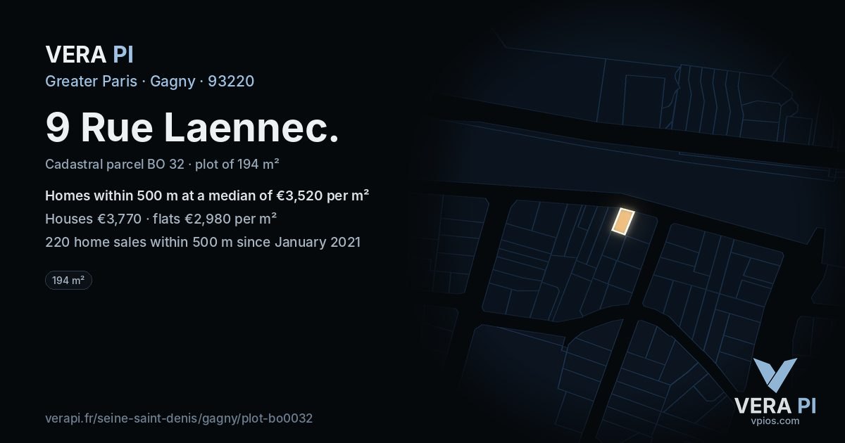 9 Rue Laennec, Gagny at night – the plot lit, the parcels around coloured by the prices near them