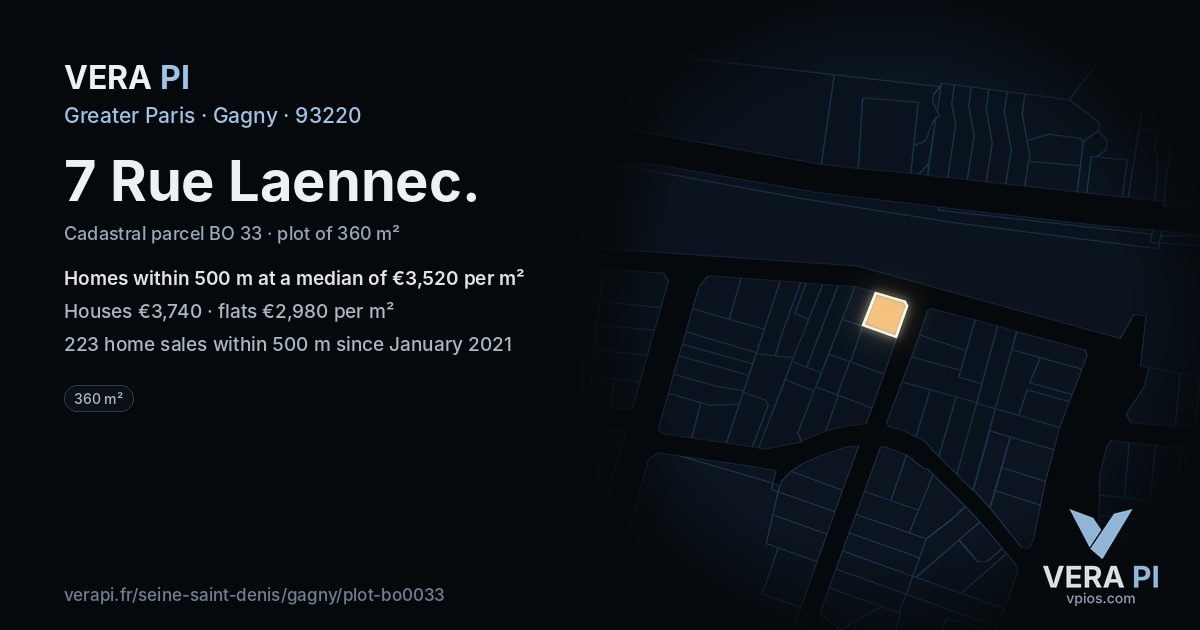 7 Rue Laennec, Gagny at night – the plot lit, the parcels around coloured by the prices near them