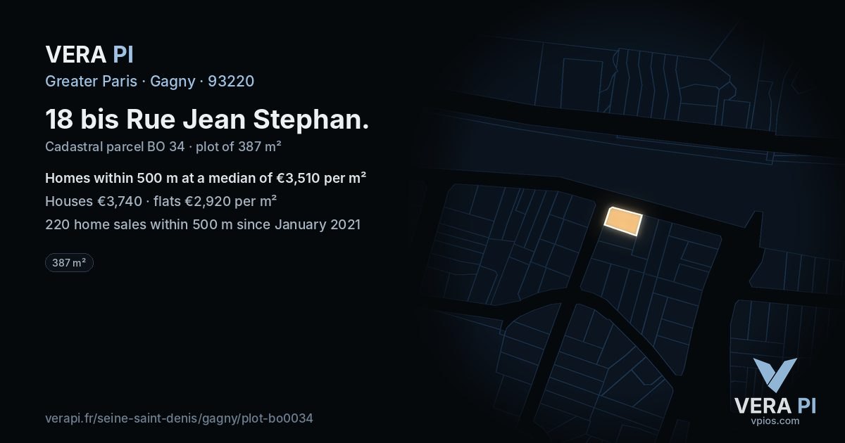 18 bis Rue Jean Stephan, Gagny at night – the plot lit, the parcels around coloured by the prices near them