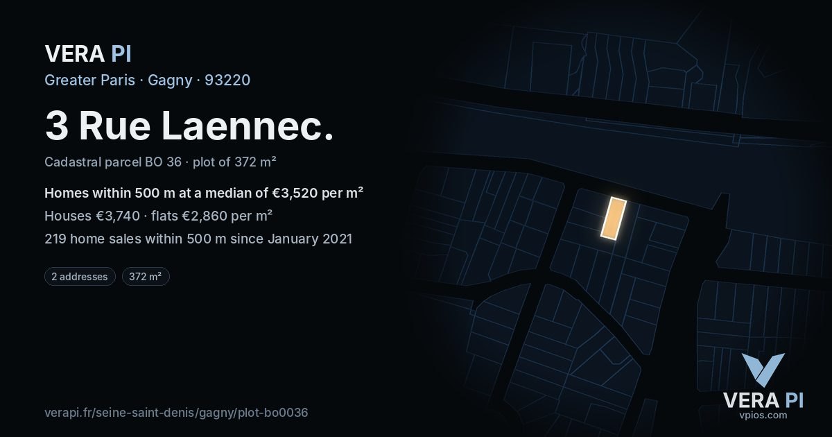 3 Rue Laennec, Gagny at night – the plot lit, the parcels around coloured by the prices near them