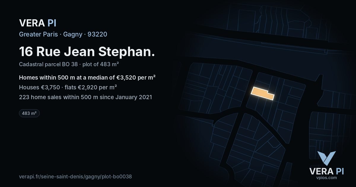 16 Rue Jean Stephan, Gagny at night – the plot lit, the parcels around coloured by the prices near them