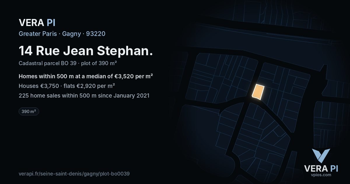 14 Rue Jean Stephan, Gagny at night – the plot lit, the parcels around coloured by the prices near them
