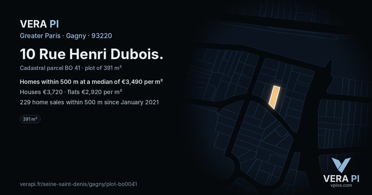 10 Rue Henri Dubois, Gagny at night – the plot lit, the parcels around coloured by the prices near them