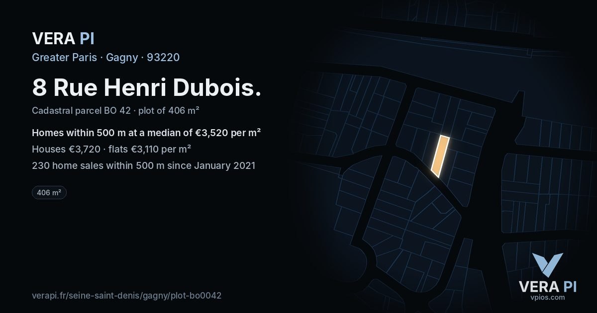 8 Rue Henri Dubois, Gagny at night – the plot lit, the parcels around coloured by the prices near them