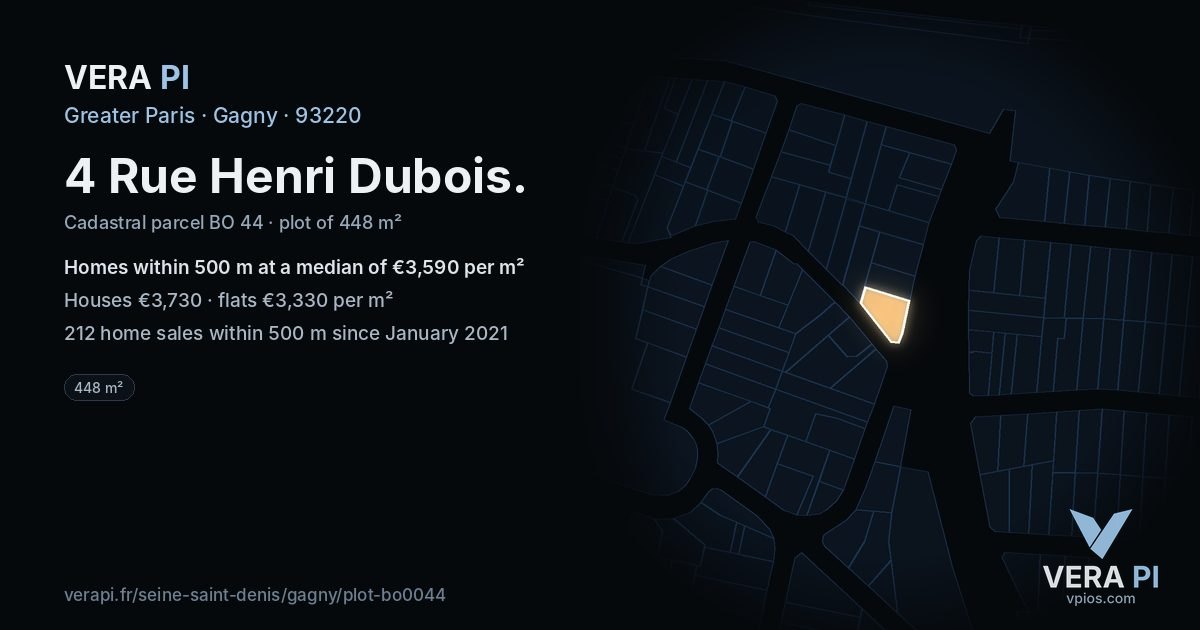 4 Rue Henri Dubois, Gagny at night – the plot lit, the parcels around coloured by the prices near them