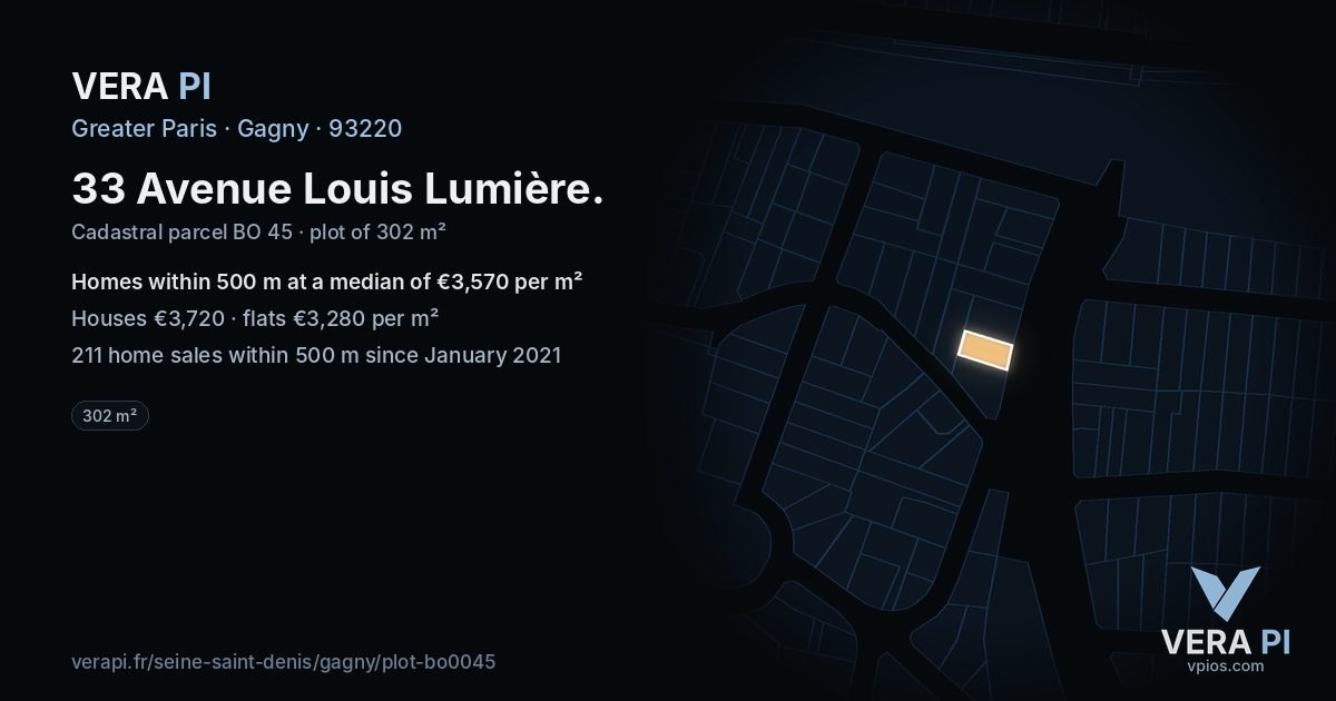 33 Avenue Louis Lumière, Gagny at night – the plot lit, the parcels around coloured by the prices near them