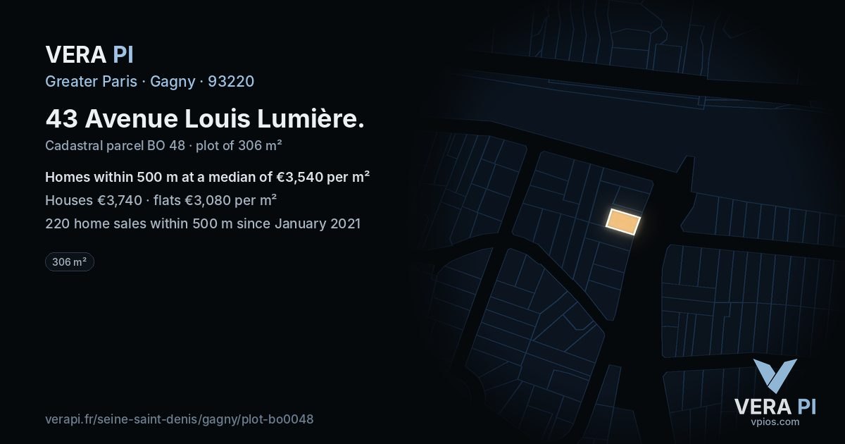43 Avenue Louis Lumière, Gagny at night – the plot lit, the parcels around coloured by the prices near them