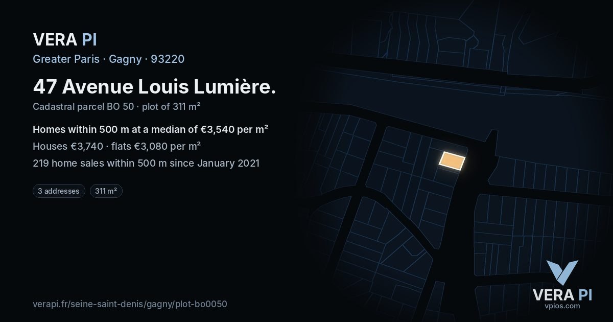 47 Avenue Louis Lumière, Gagny at night – the plot lit, the parcels around coloured by the prices near them