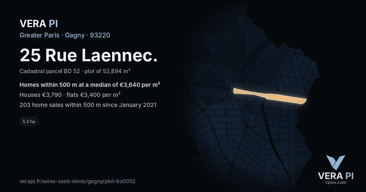 25 Rue Laennec, Gagny at night – the plot lit, the parcels around coloured by the prices near them