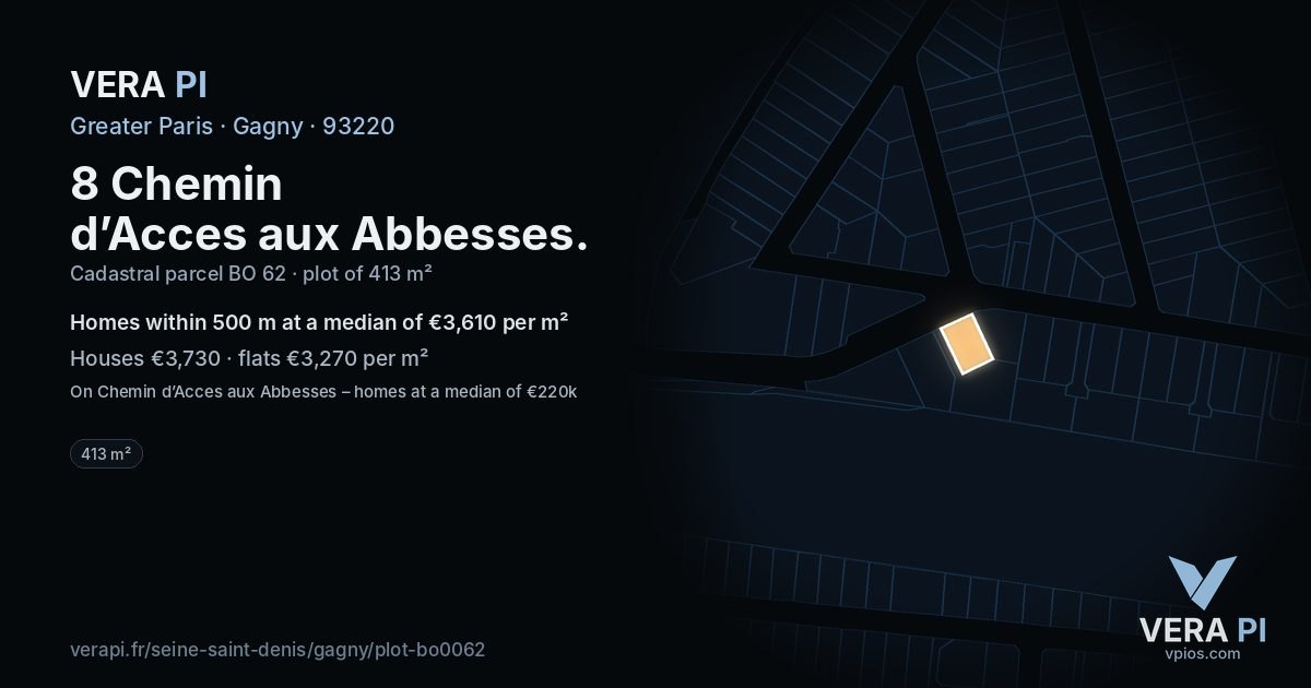 8 Chemin d’Acces aux Abbesses, Gagny at night – the plot lit, the parcels around coloured by the prices near them
